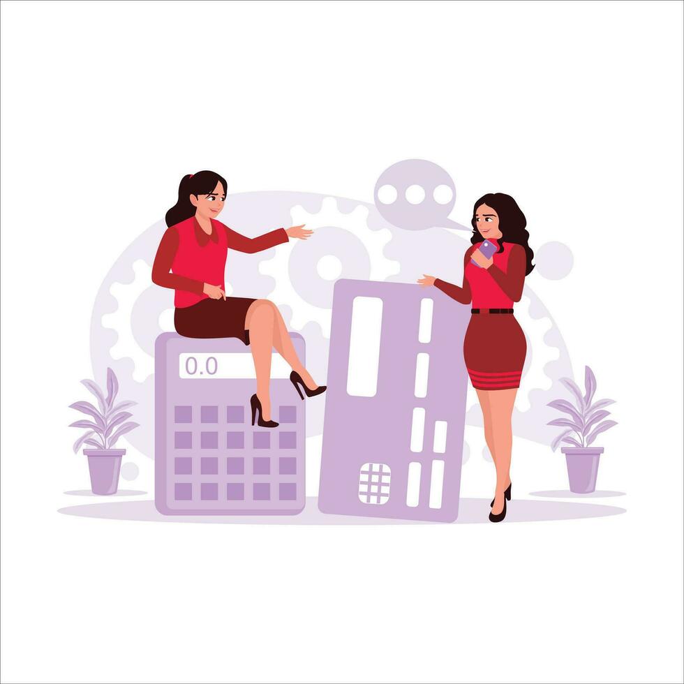 Two women are discussing credit cards on a calculator. Trend Modern vector flat illustration.