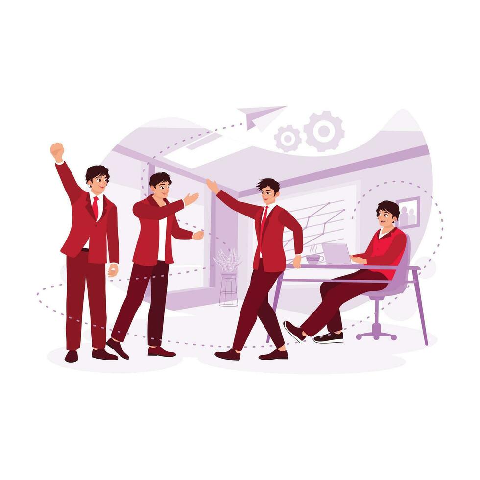 The business team gathered in the office to celebrate a successful project, and two people gave high five. Trend Modern vector flat illustration.