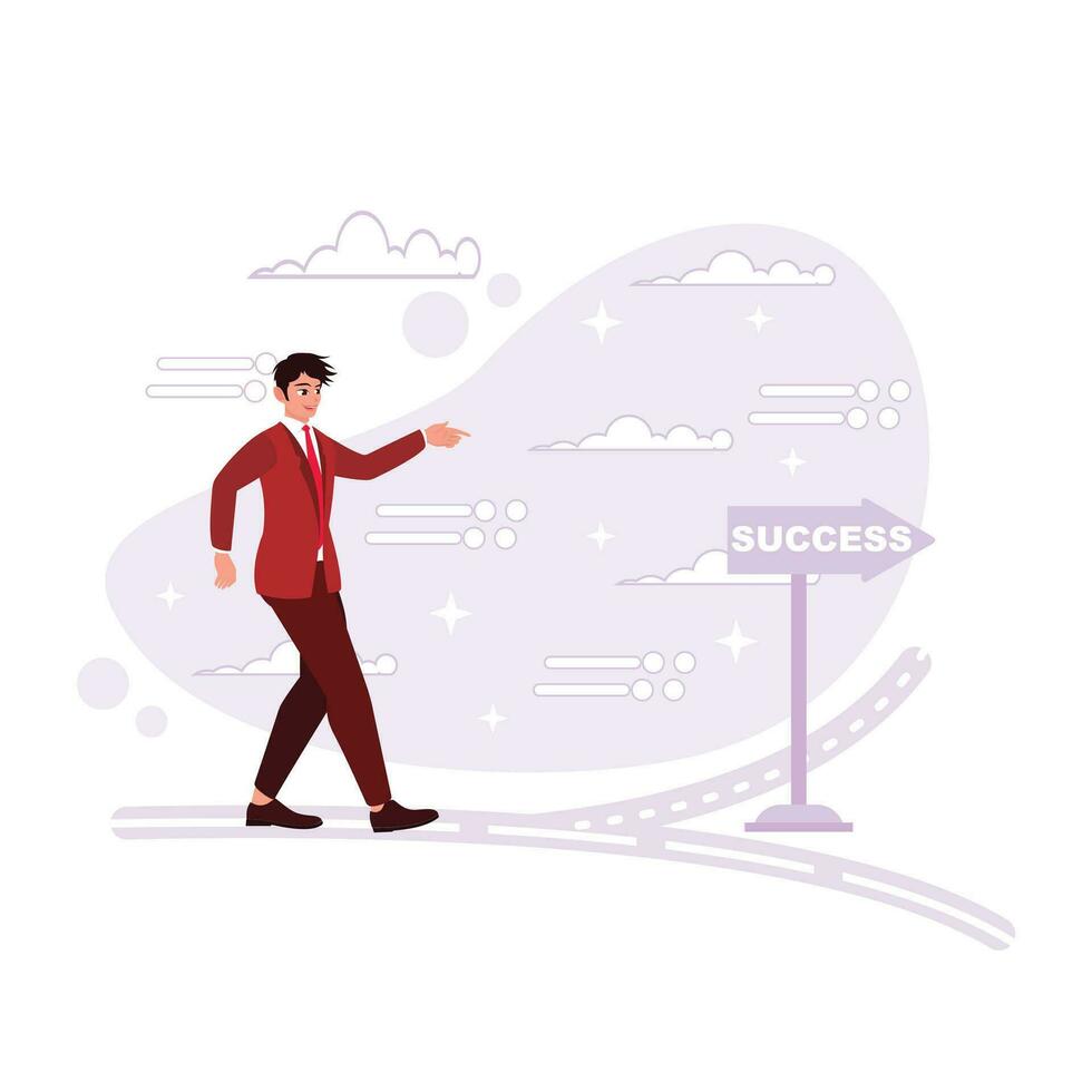 Businessman in a suit walking towards business success arrow. Trend Modern vector flat illustration.