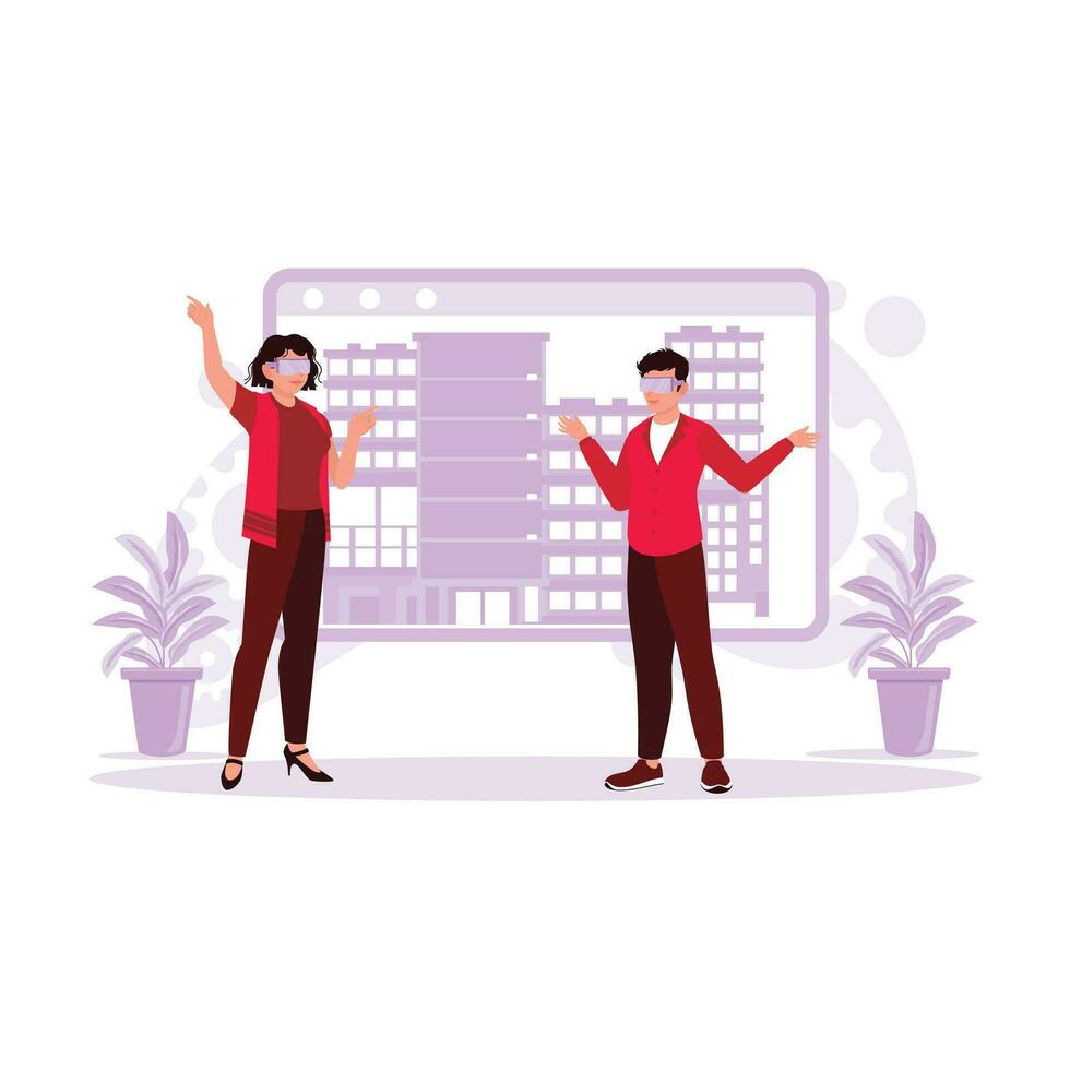 Two male and female architects, using special 3D glasses, discussing a high-tech office building project using visual reality technology with professionals. Trend Modern vector flat illustration.