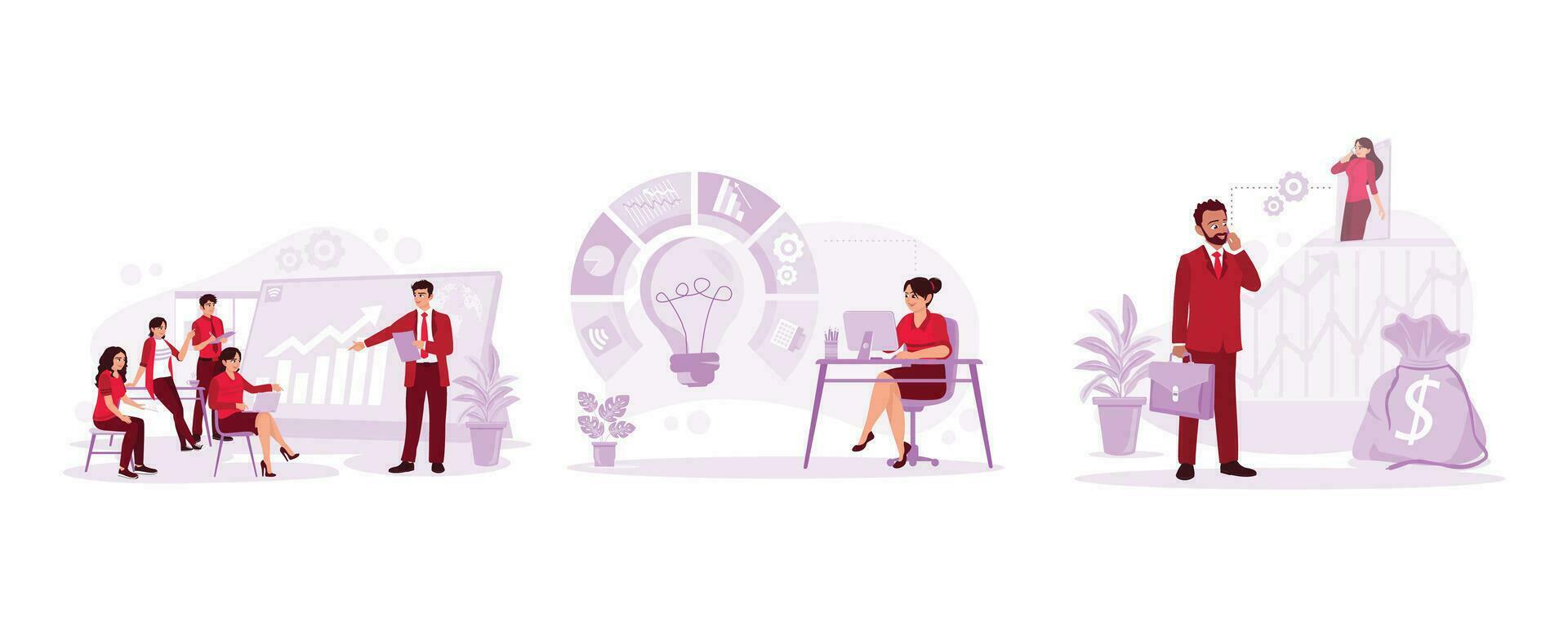 Young boss explaining to subordinates. Female workers are managing company data. Young business people conduct business communication via cell phones. Trend modern vector flat illustration.