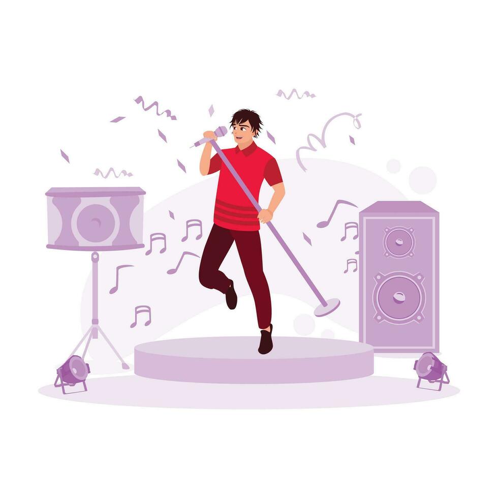 el masculino solo cantante con un micrófono mira maravilloso con su melodioso voz en escenario. tendencia moderno vector plano ilustración.