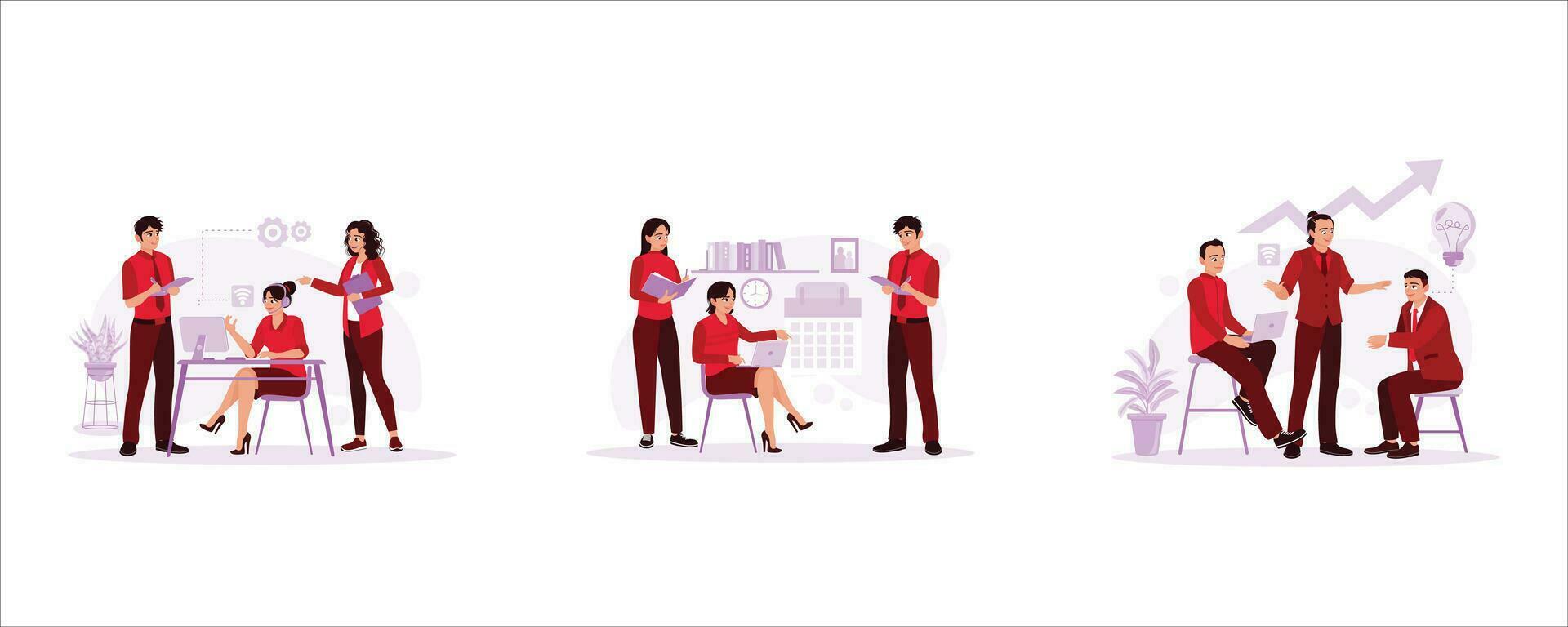 Business team discussing in office room, enhancing teamwork and strategy. Trend modern vector flat illustration.