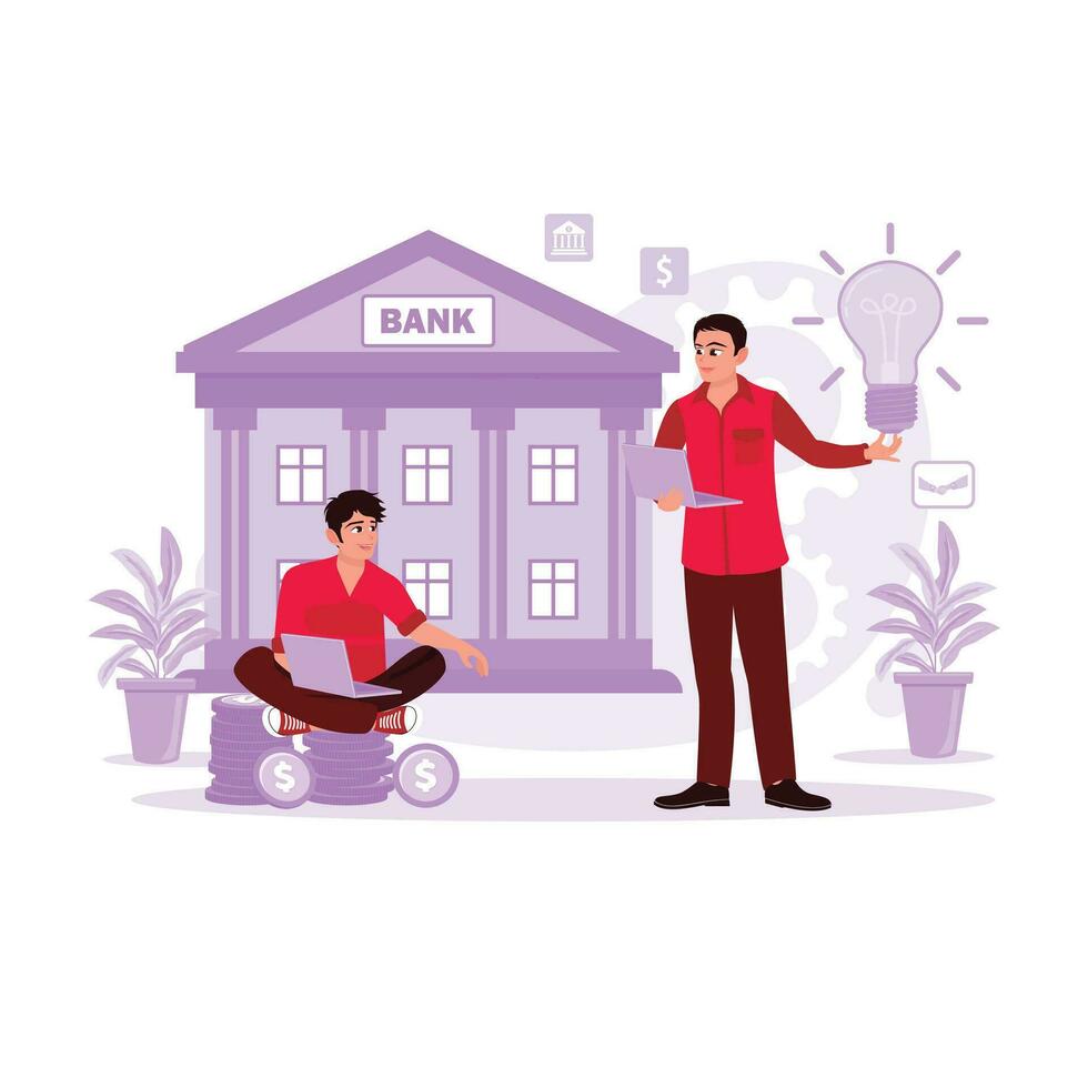 Two businessmen are talking and trying to solve the problem in front of the bank. The bank clerk will make recommendations and consultations. Trend Modern vector flat illustration.
