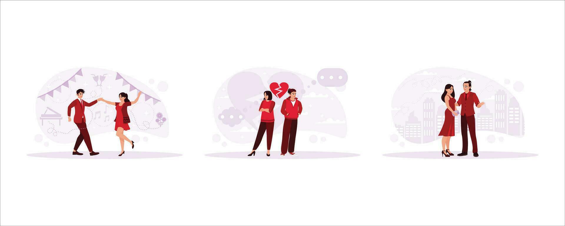 Lovers couple doing a romantic dance and quarreling young couple. Romantic couple in elegant and graceful clothes. Trend Modern vector flat illustration.