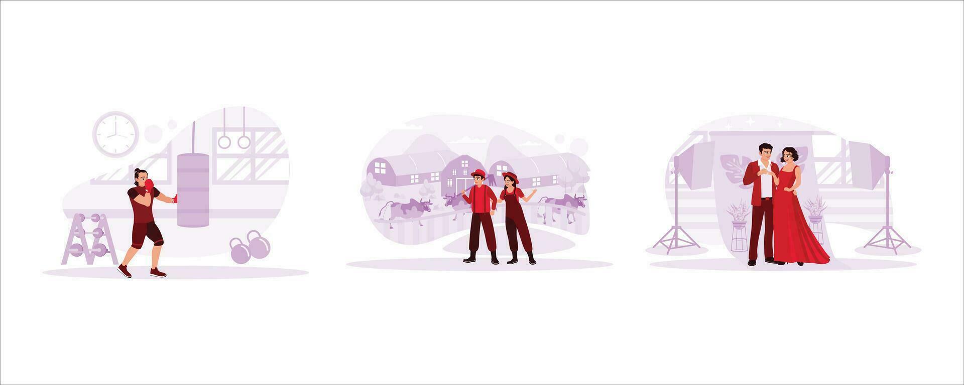Boxing athlete practicing boxing. Happy young farmer couple. A young couple is having a photo shoot in a photo studio. Concept of work and skills. Trend Modern vector flat illustration.