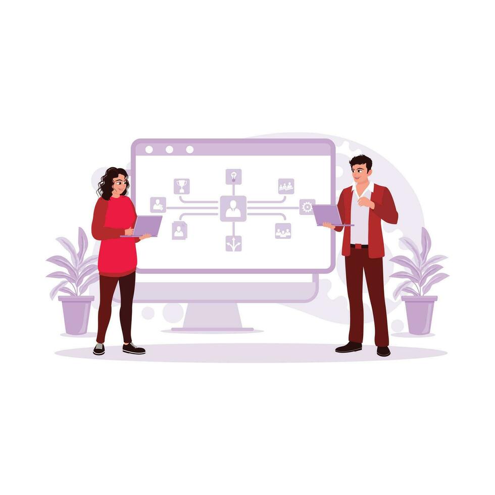 Business people and employees meet on a computer with a banner web icon screen. Trend Modern vector flat illustration.