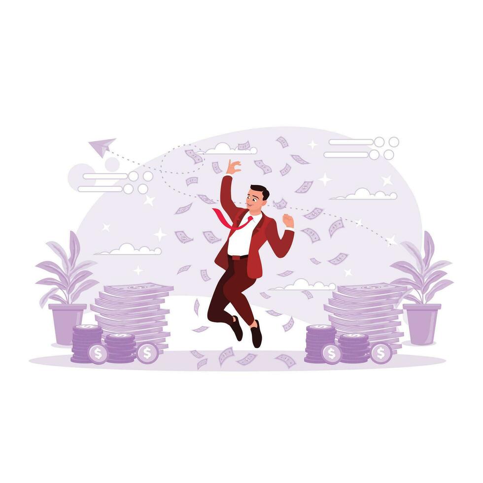 A man in a tie jumps happily against a pile of money and money raining in the background. Trend Modern vector flat illustration.