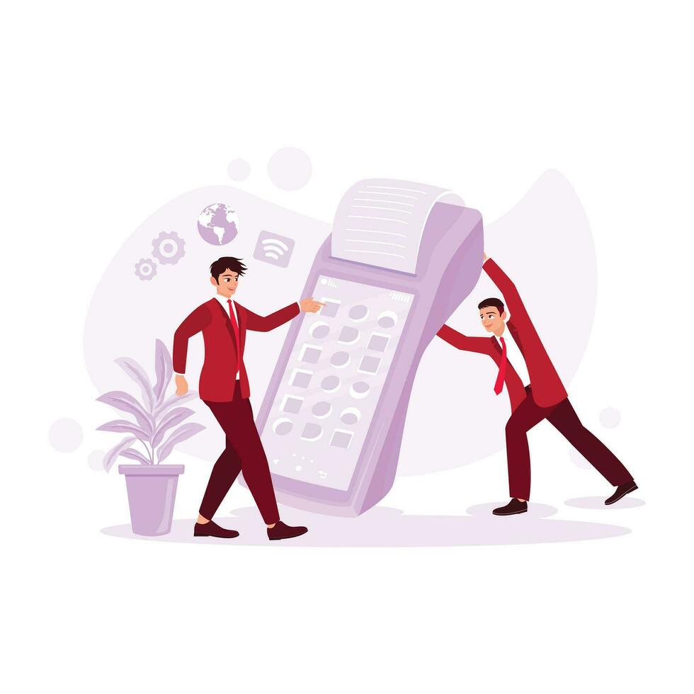 The payment process uses modern NFC technology, using smartphones and servers to give card reader machines to customers. Trend Modern vector flat illustration.