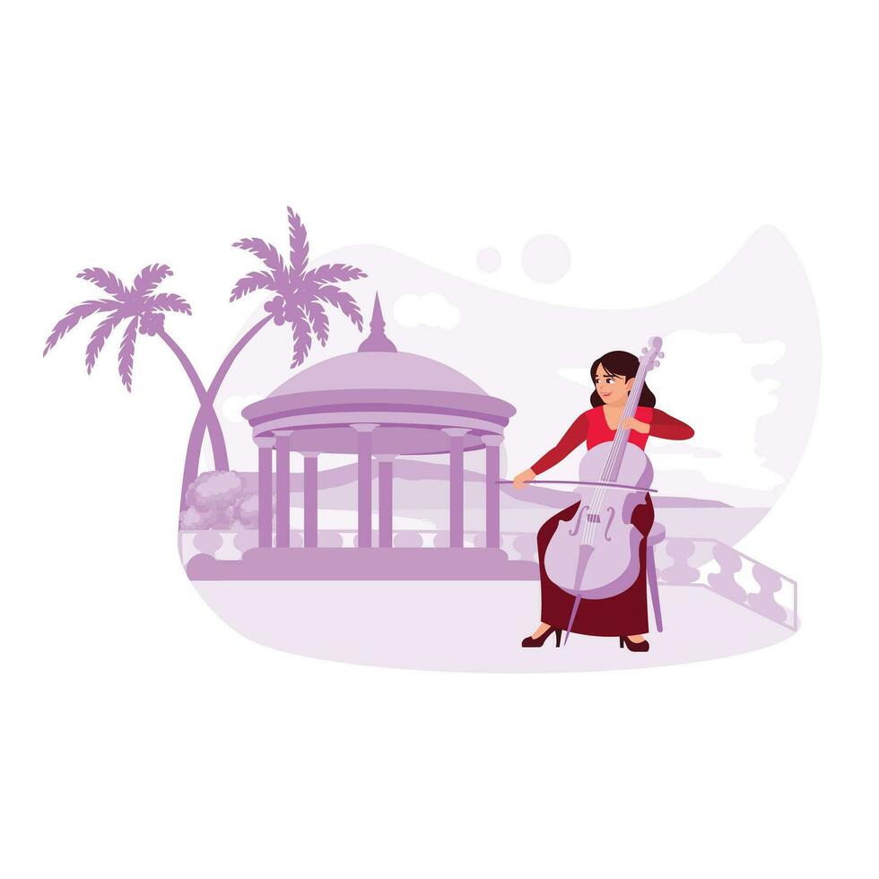 Cellist playing beautifully by the beach with a gazebo building. Trend Modern vector flat illustration.