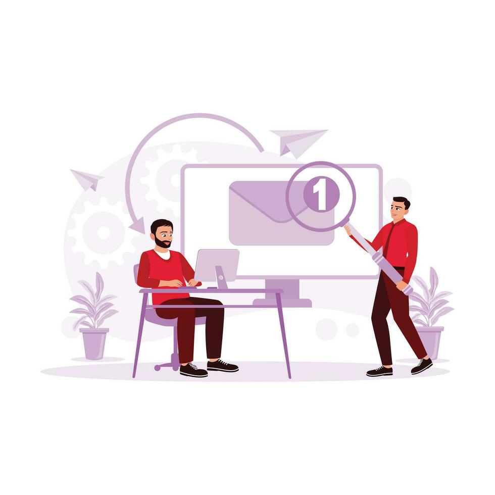 dos joven empresarios trabajando en un oficina son enfocado en un computadora en el escritorio, y otro es en pie con un lápiz y mirando a un mensaje en el pantalla. tendencia moderno vector plano ilustración.