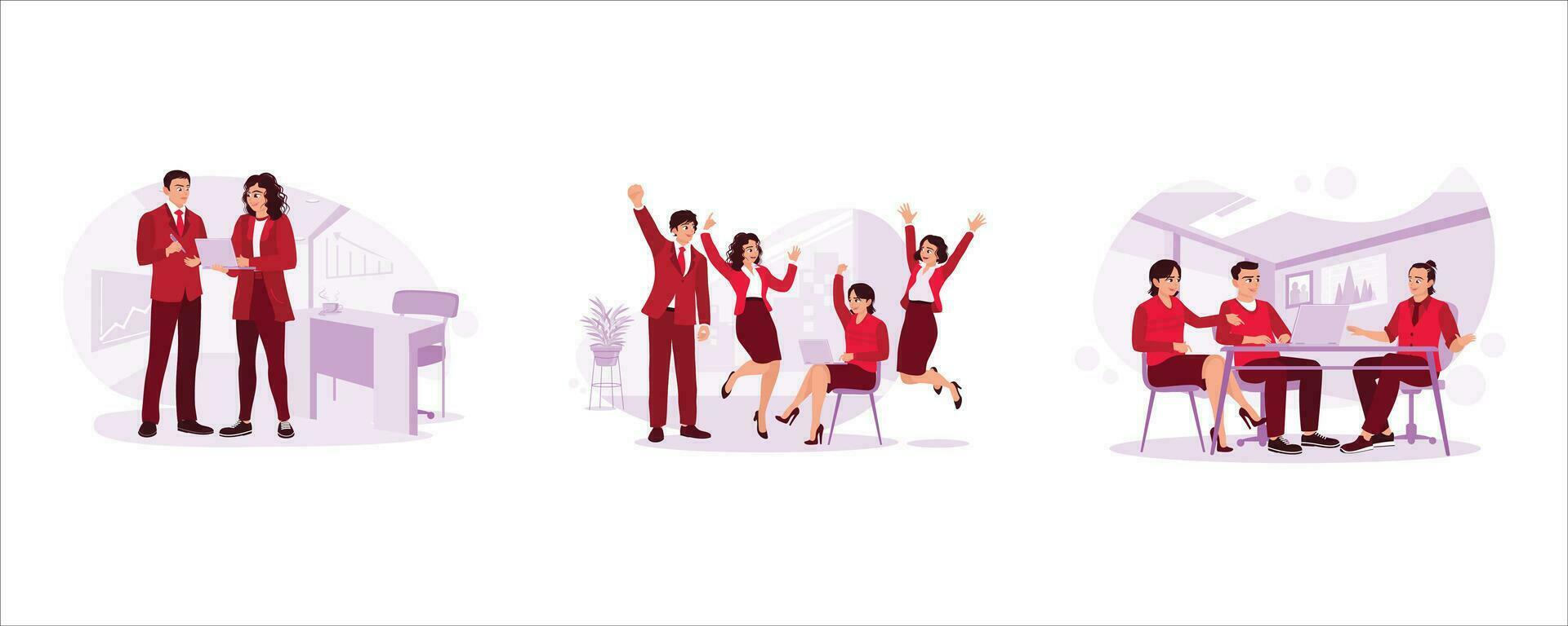 The young executive is talking to a female employee. Group of young people celebrating business success. The business team has meetings and discussions. Trend Modern vector flat illustration.