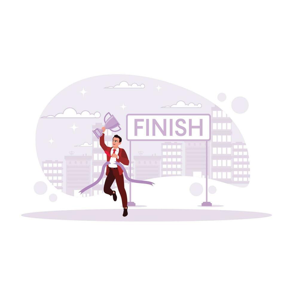 The businessman with a happy face made it across the finish line with a trophy. Career promotion concept. Trend Modern vector flat illustration.