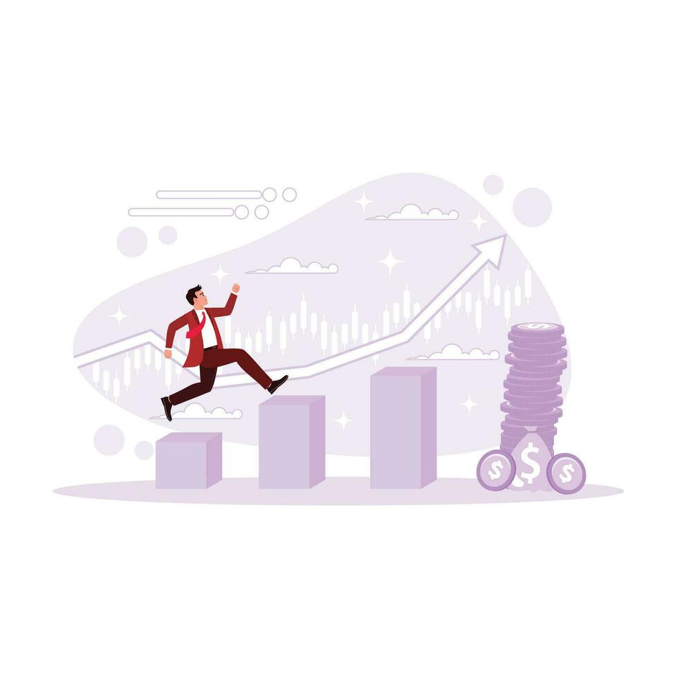 An entrepreneur who walks on a beam to reach the pinnacle of career promotion success and salary. Trend Modern vector flat illustration.