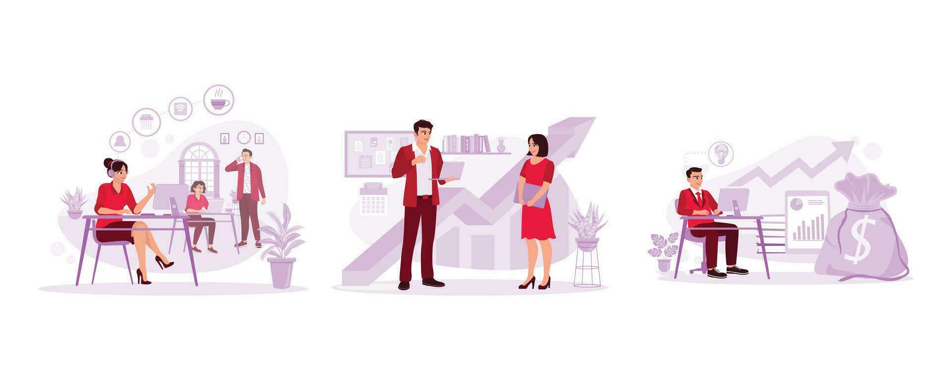 Friendly young female worker in the call center. Two workers are discussing business in the office. Young businessman busy working in front of a laptop. Trend modern vector flat illustration.