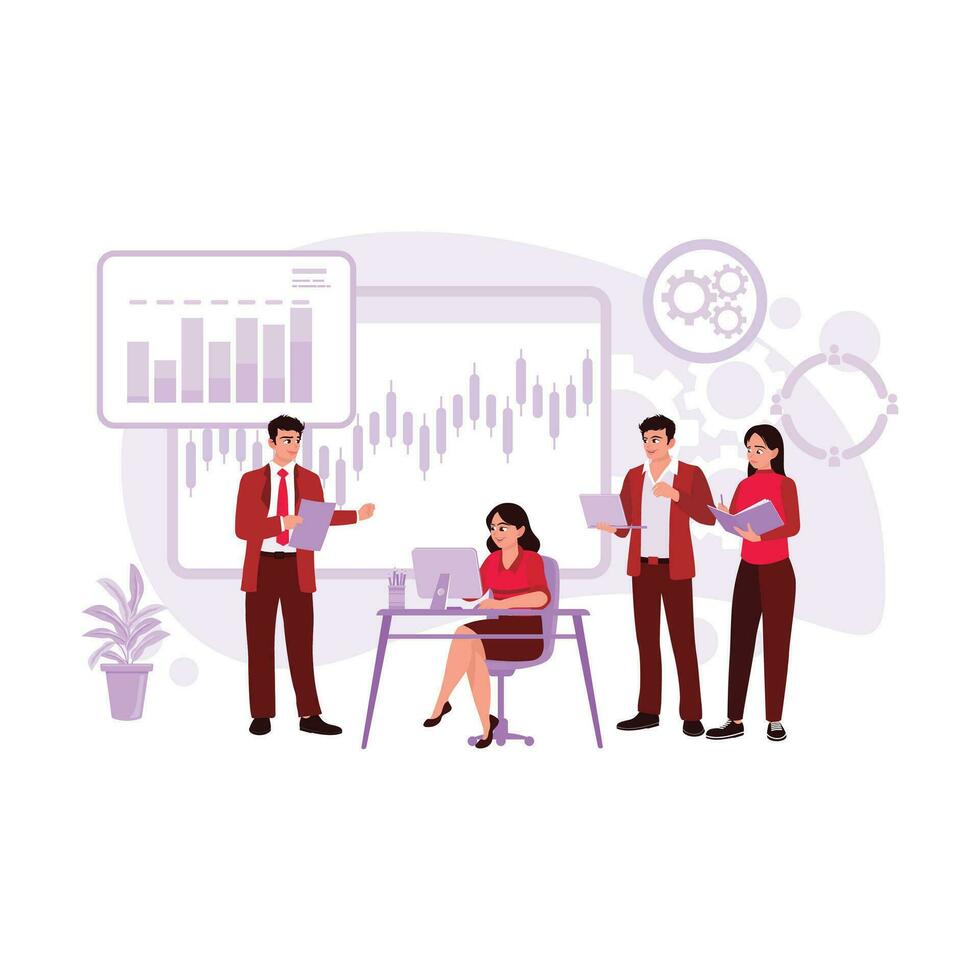 Teammates gathered in the office, discussing rising charts and business projects. Trend Modern vector flat illustration.
