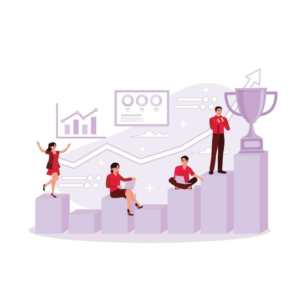 The group of young people are on the path of the career ladder, trying to succeed. Trend Modern vector flat illustration.