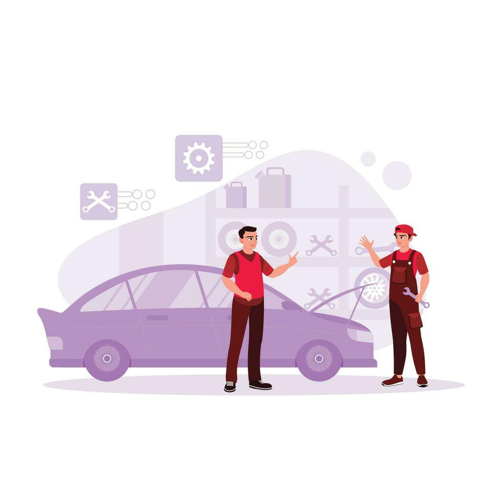 The mechanic repairs the customer's car and explains the car's breakdown to the customer in the garage. Trend Modern vector flat illustration.