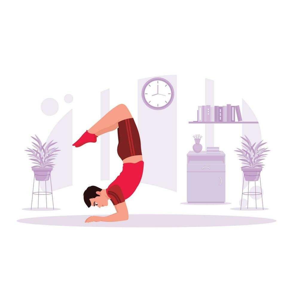 Side view of a man practising yoga in a scorpion pose at home. Trend Modern vector flat illustration.