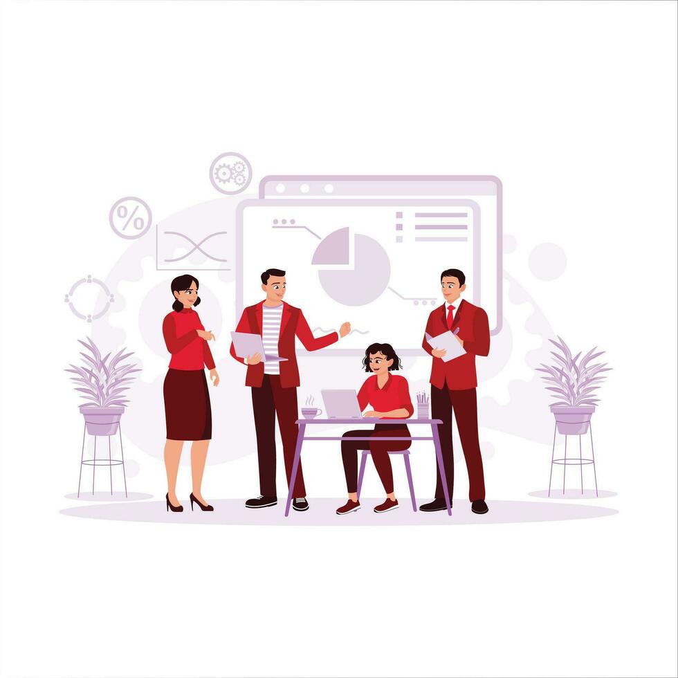 Group of young colleagues discussing and working on new business projects and innovations. Trend Modern vector flat illustration.