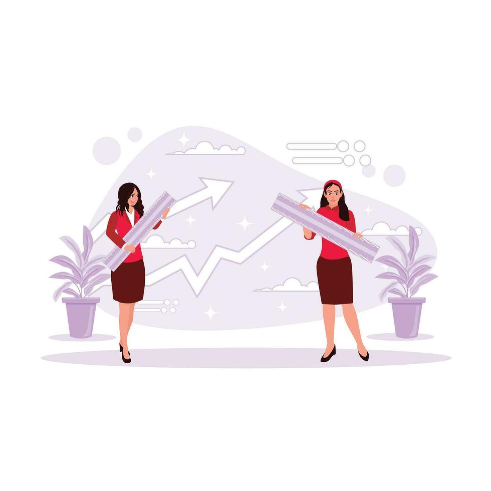 dos mujer de negocios llevar gobernantes y medida el de la empresa crecimiento. tendencia moderno vector plano ilustración.