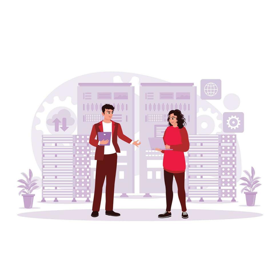 IT specialist and female server technician working together in the data center. Trend Modern vector flat illustration.