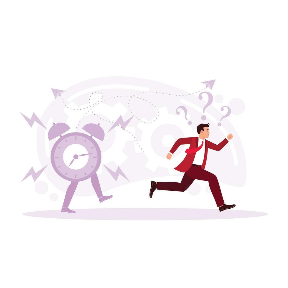 A businessman flees from the sound of the alarm. Business concept of deadline, time management, fear of being late. Businessman chasing time. Trend Modern vector flat illustration