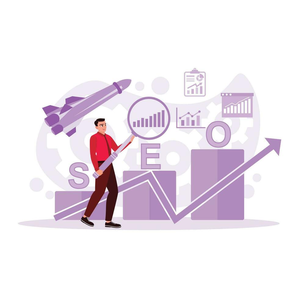 SEO Search Engine Optimization to promote ranking traffic on the website. Trend Modern vector flat illustration.