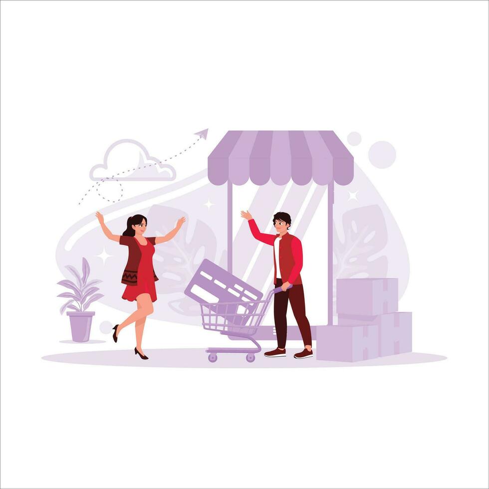Happy free woman shopping on the internet with her husband. Online payment concept. Trend Modern vector flat illustration