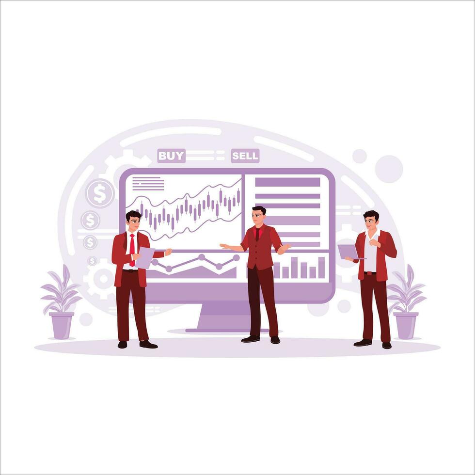 Stock broker with a computer screen with charts, indices, and numbers. Online stock trading concept. Trend Modern vector flat illustration