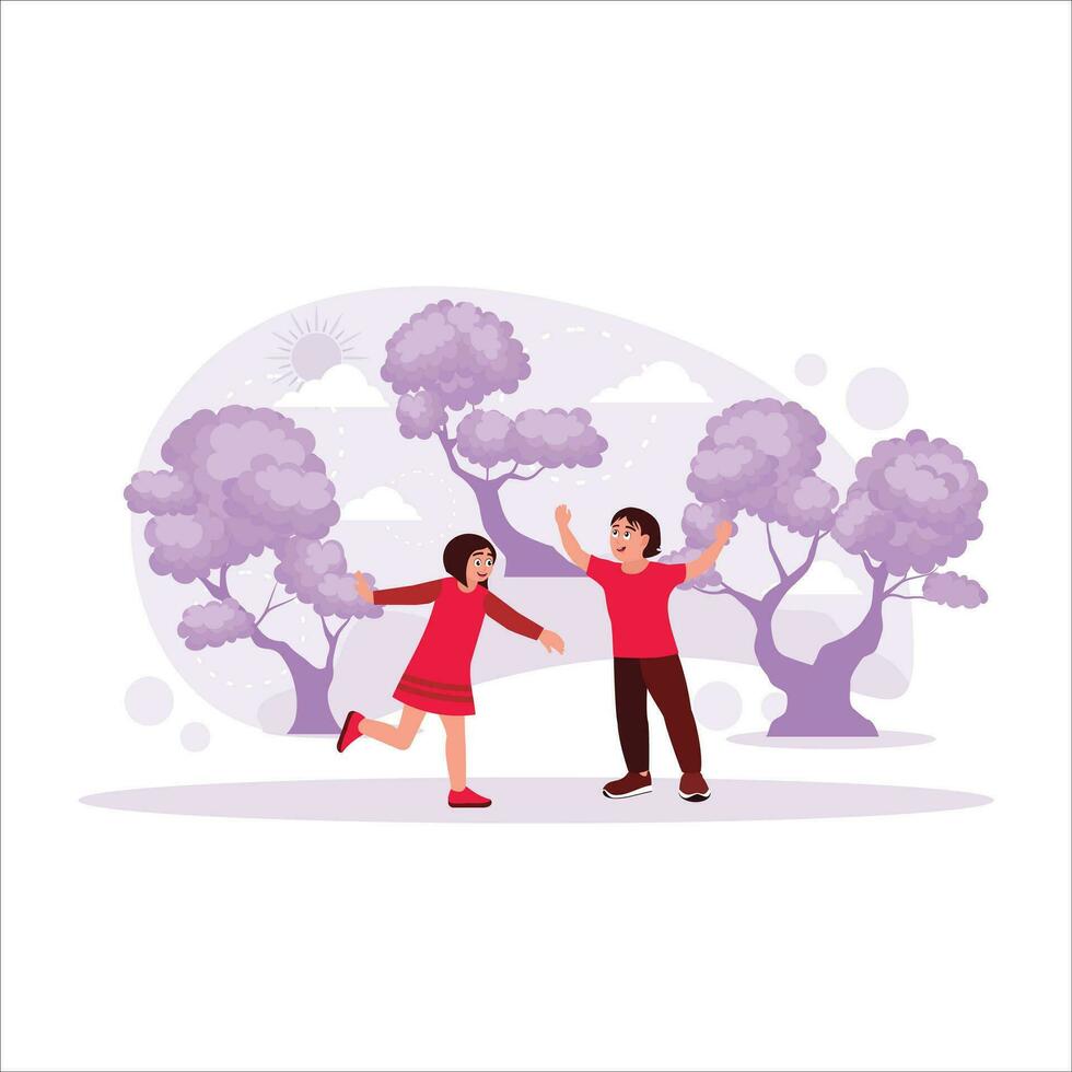 Boy and girl are running and playing together outdoors on a summer day. Trend Modern vector flat illustration.