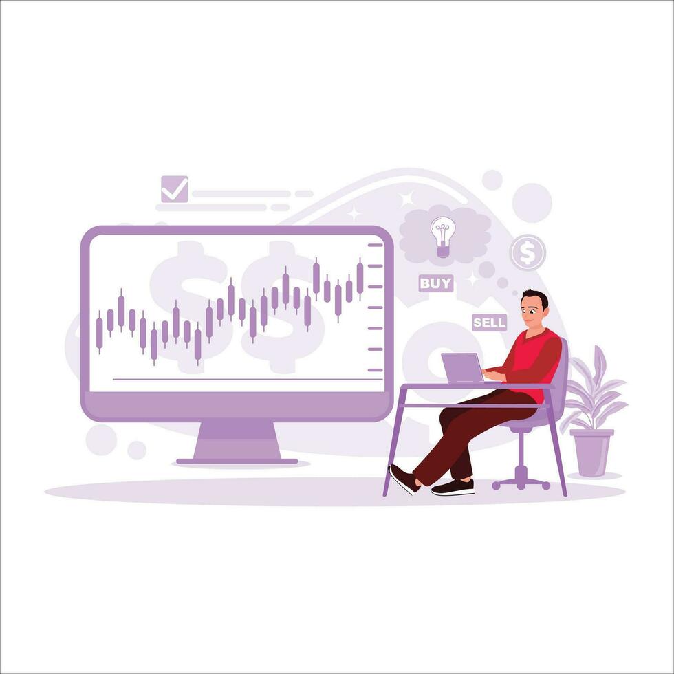 Businessman, with his laptop, opens the investment stock market and looks at stock charts. Trend Modern vector flat illustration.