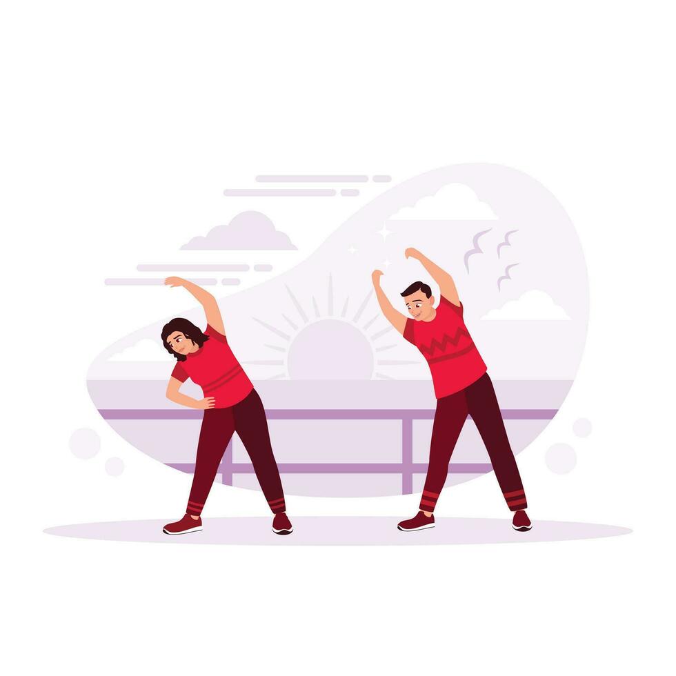 two young friends, men in tracksuits, warm-up exercises, doing stretching exercises on the sand sea, jogging outdoors by the sea on a summer morning. Couple warming up against a beach background. vector