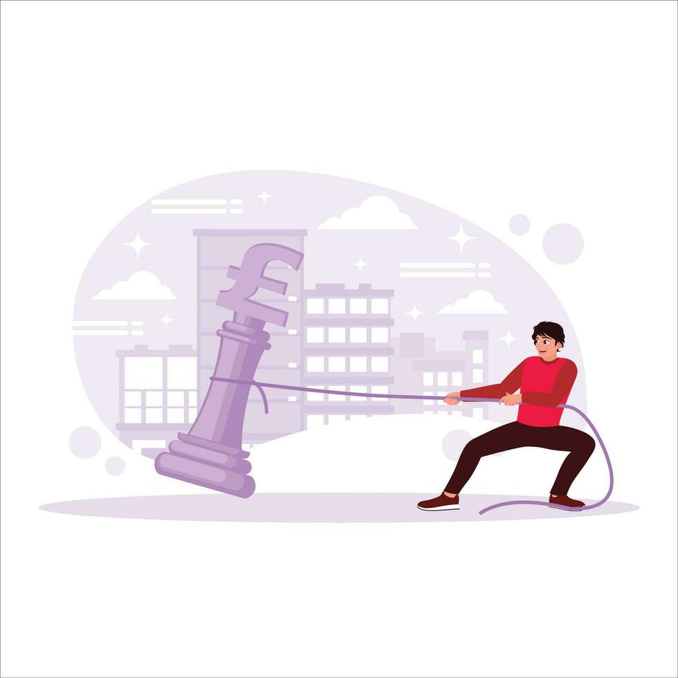 Man trying to pull chess pound symbol firmly, city view background. Trend Modern vector flat illustration.