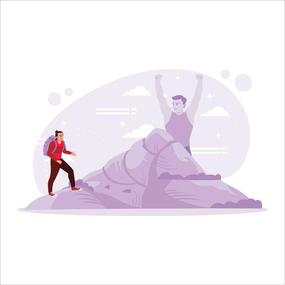 The man who climbed the mountain with strength and power. Concept of ideals, success, and goals. Trend Modern vector flat illustration.