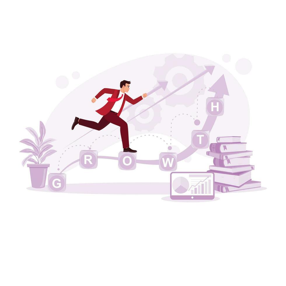 Business people running on cubes inscribed growth. Business growth and success concept. Trend Modern vector flat illustration