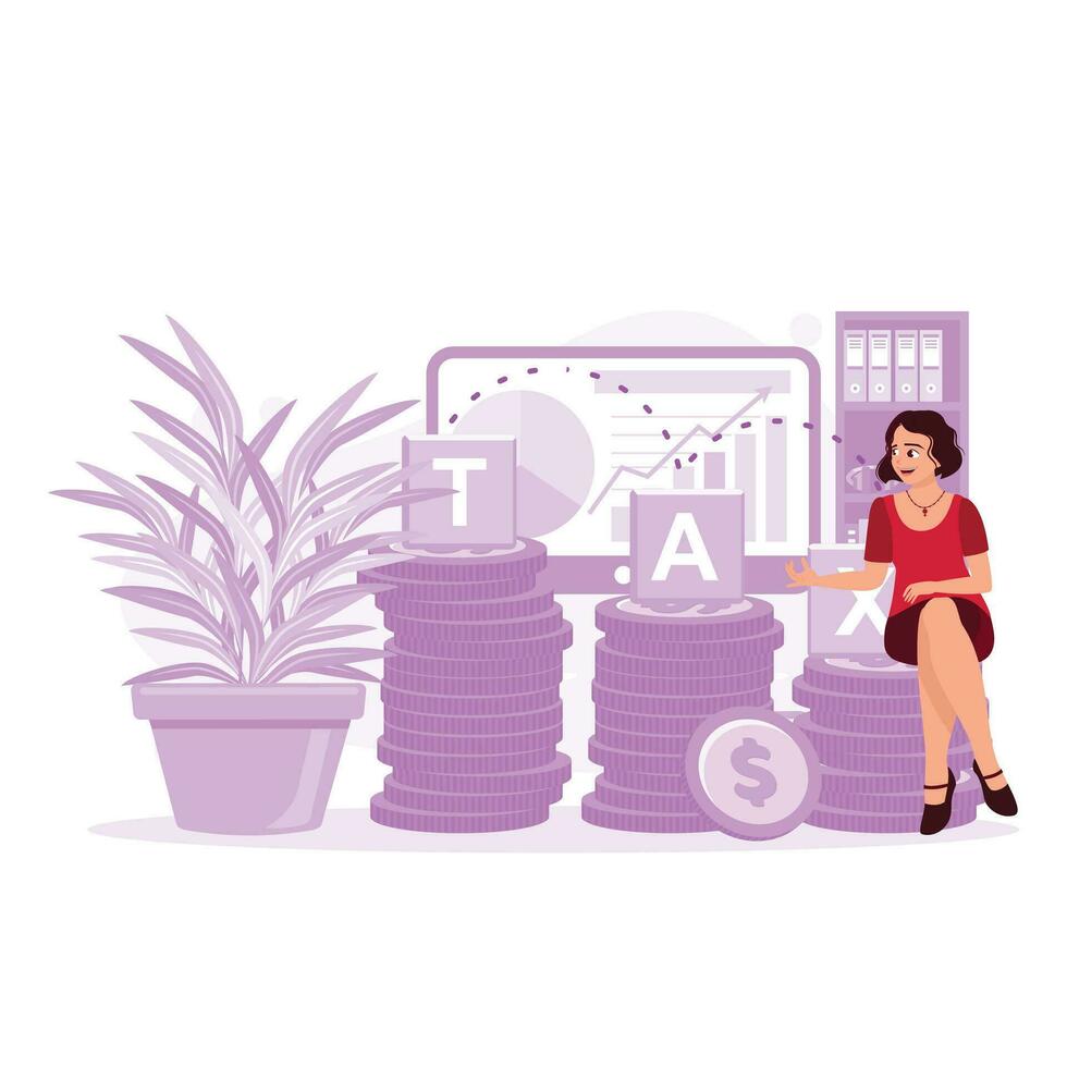 hora a pagar impuestos con el mujer sentado en un pila de monedas, diagrama fondo, y planta en un maceta. tendencia moderno vector plano ilustración