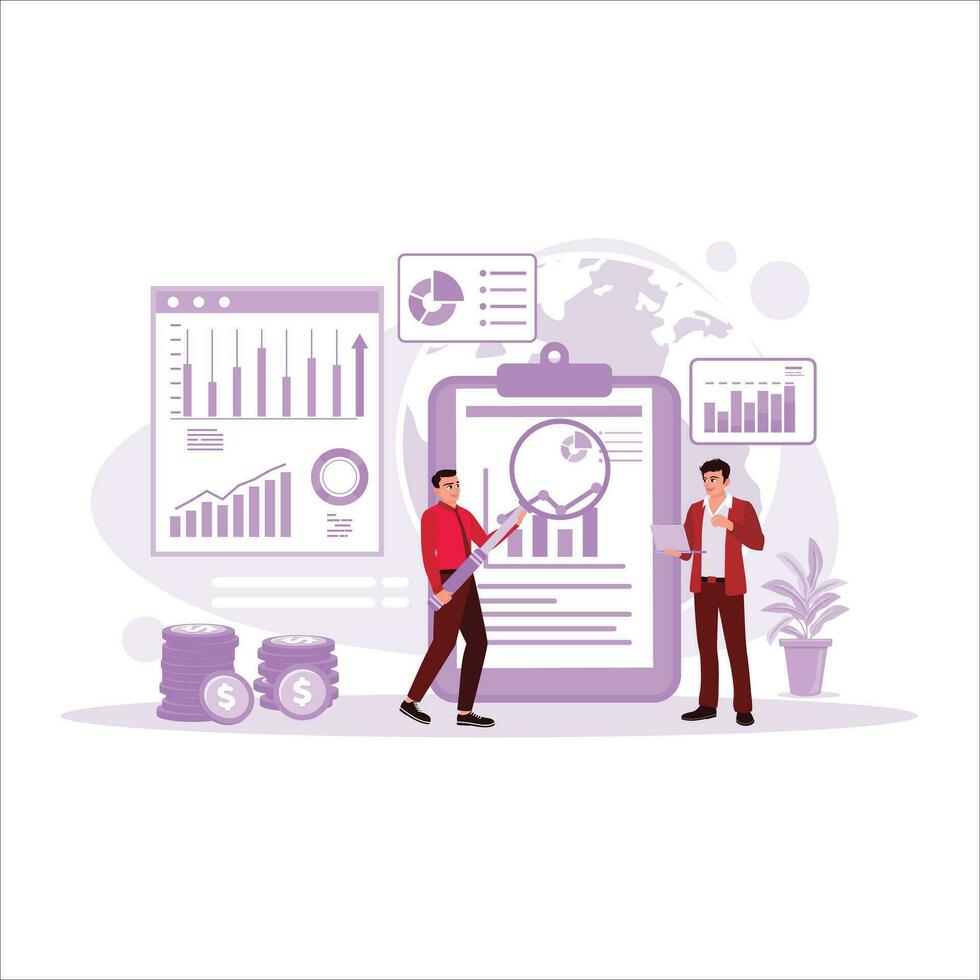 Workflow concept. Investment consultant businessman analyzing company financial statements balance report working with digital graphs. Financial reporting chart. Trend Modern vector flat illustration