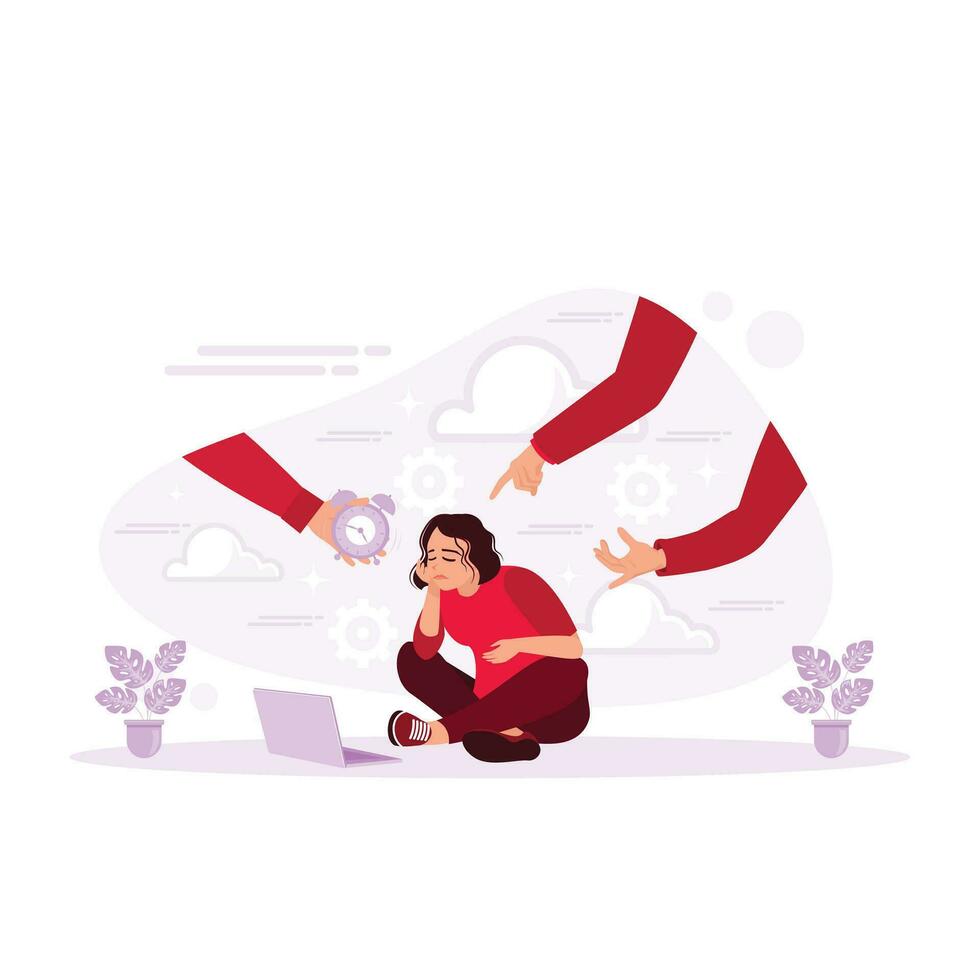 Businesswomen are tired of work and stress. Excessive workload of employees who are tired of working in the office. Burnout, multitasking concept. Trend Modern vector flat illustration