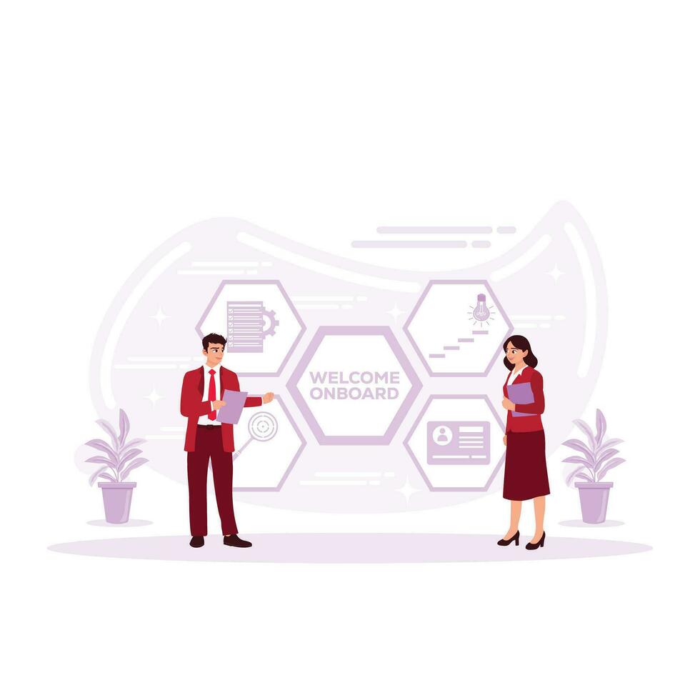 Welcome aboard. Business orientation concept. HR manager hiring employees or workers for the job. Mature businesspeople using digital tablets to discuss information. vector