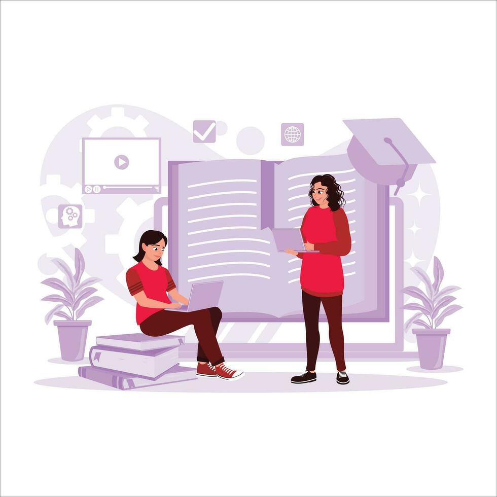 Women are participating in e-learning and online webinars. Digital online education and lessons concept. Trend Modern vector flat illustration.