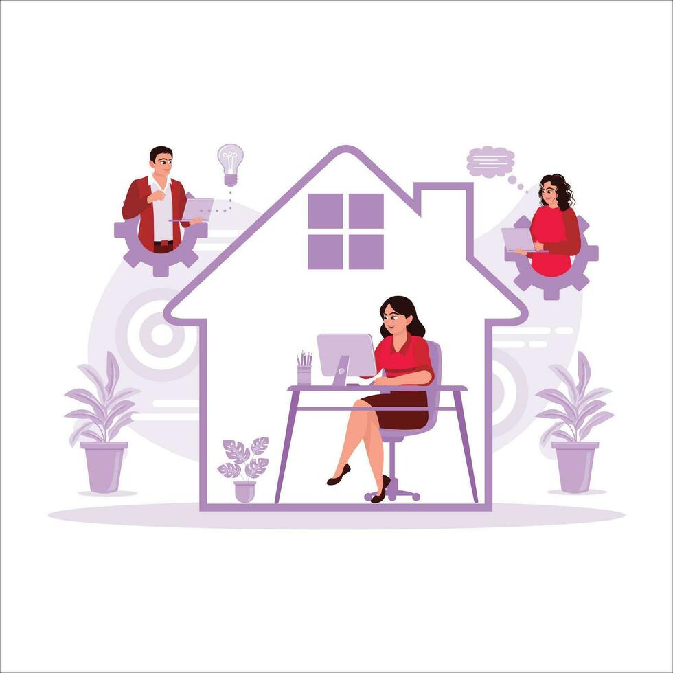 A female worker is sitting in front of a laptop inside the house. He meets with his co-workers online and exchanges ideas. Trend Modern vector flat illustration