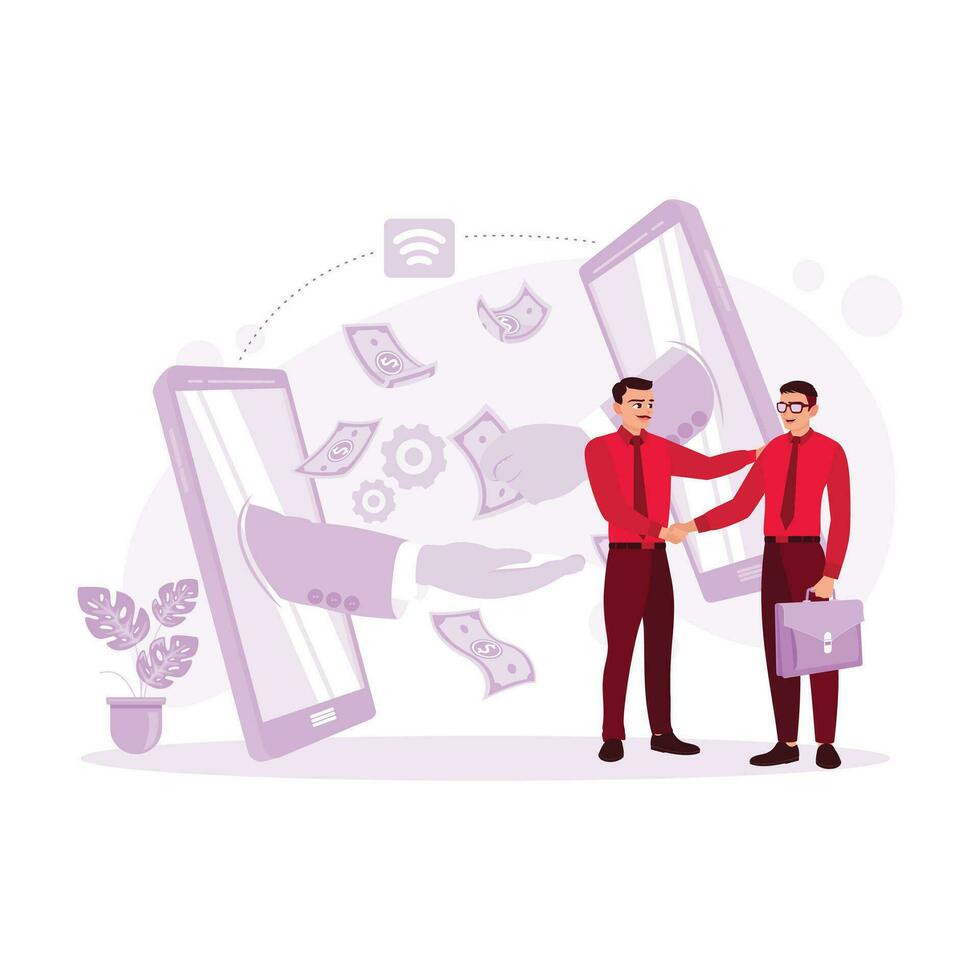 Two business colleagues shaking hands and a happy, successful transaction. Finance concept, online money transaction, and online business. Trend Modern vector flat illustration.