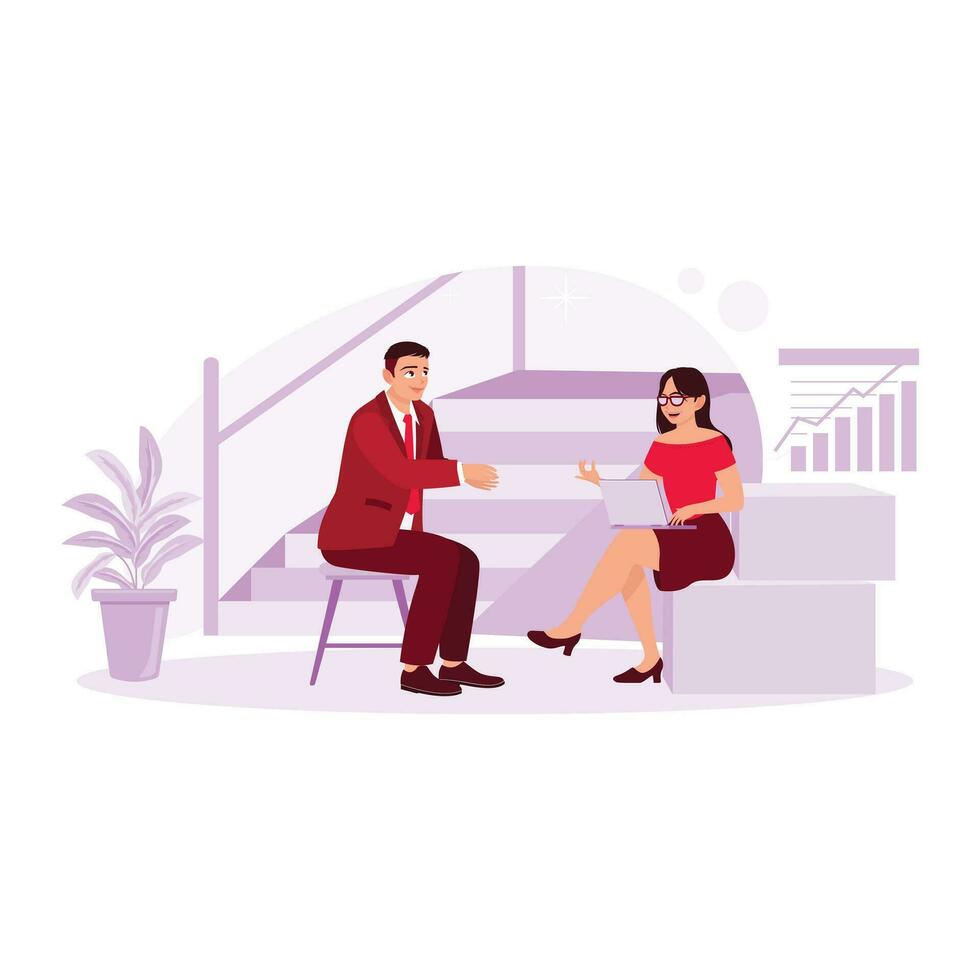 Two work partners casually chat near the office stairs. Discussing significant corporate chart increases. Trend Modern vector flat illustration.