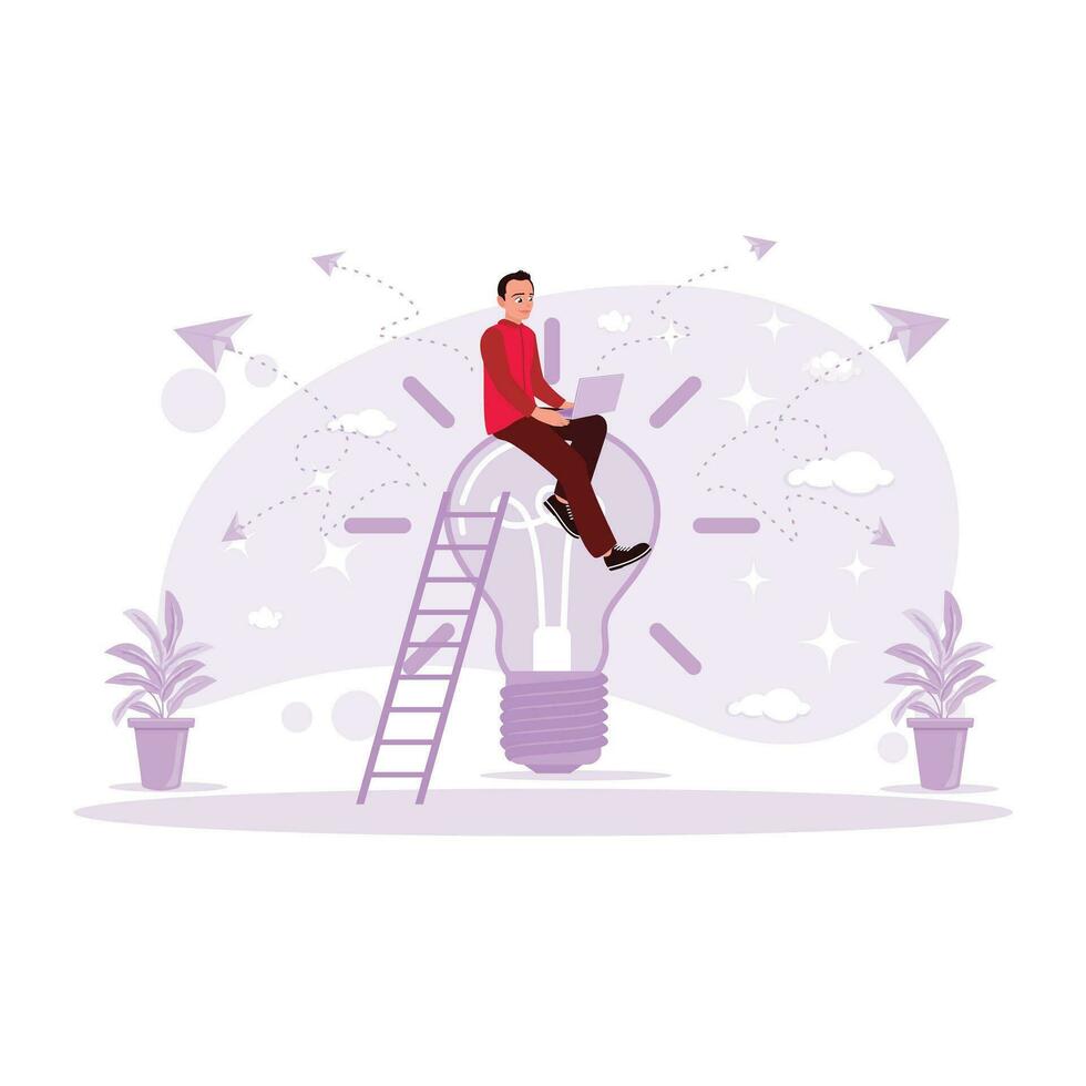 A developer was sitting over an electric lamp and opening a laptop. Trend Modern vector flat illustration.