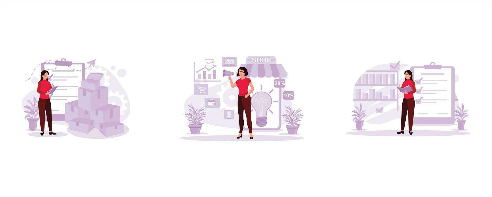 The female employee checks a pile of parcel boxes. Retail entrepreneurs do promotions with loudspeakers. The store clerk records and writes store items. Trend Modern vector flat illustration.