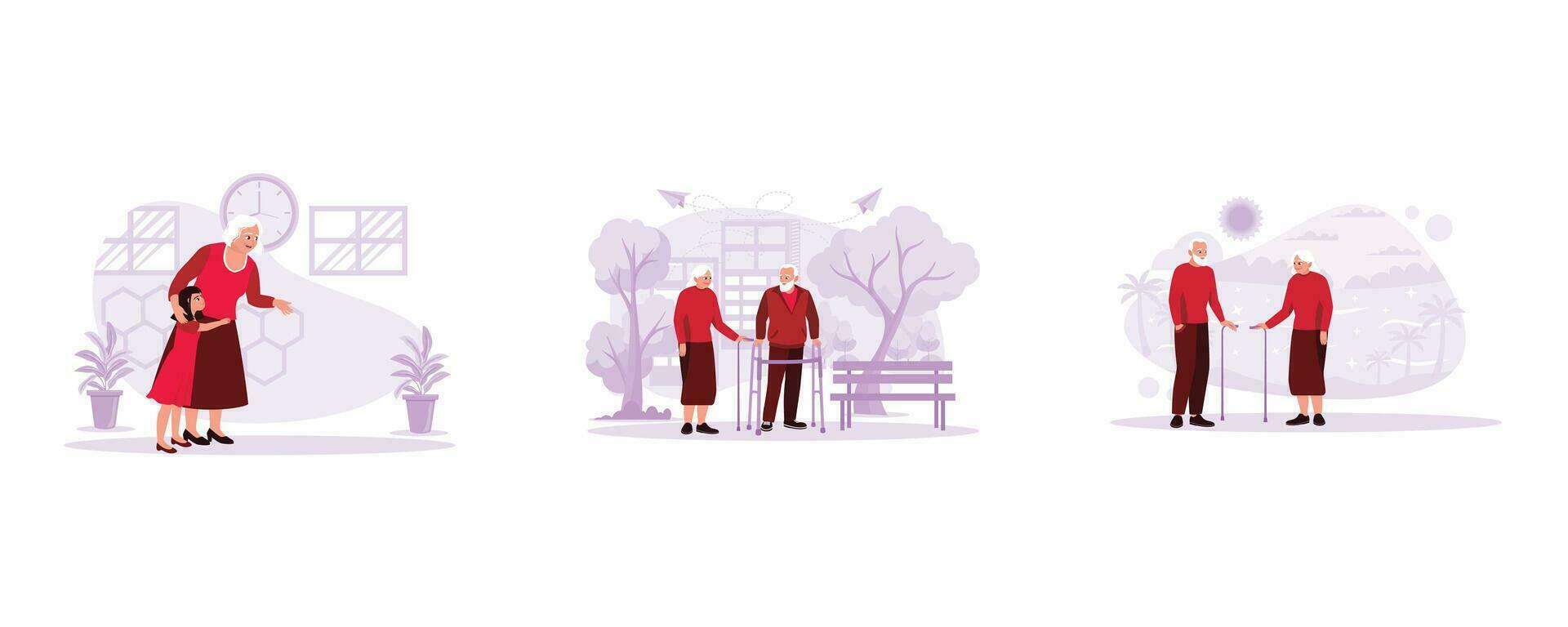 Grandson's moment was hugging grandma, an elderly couple spending time together in the park with the help of a walker. Elderly couples devote time on the beach together and look at each other. vector