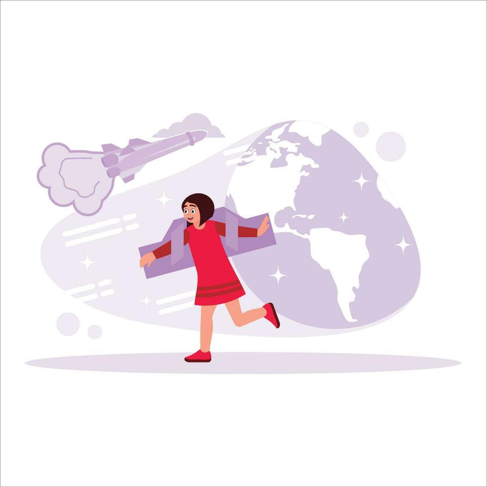 Girls smile cheerfully, play in astronaut costumes, and dream of becoming spacemen. Trend Modern vector flat illustration.