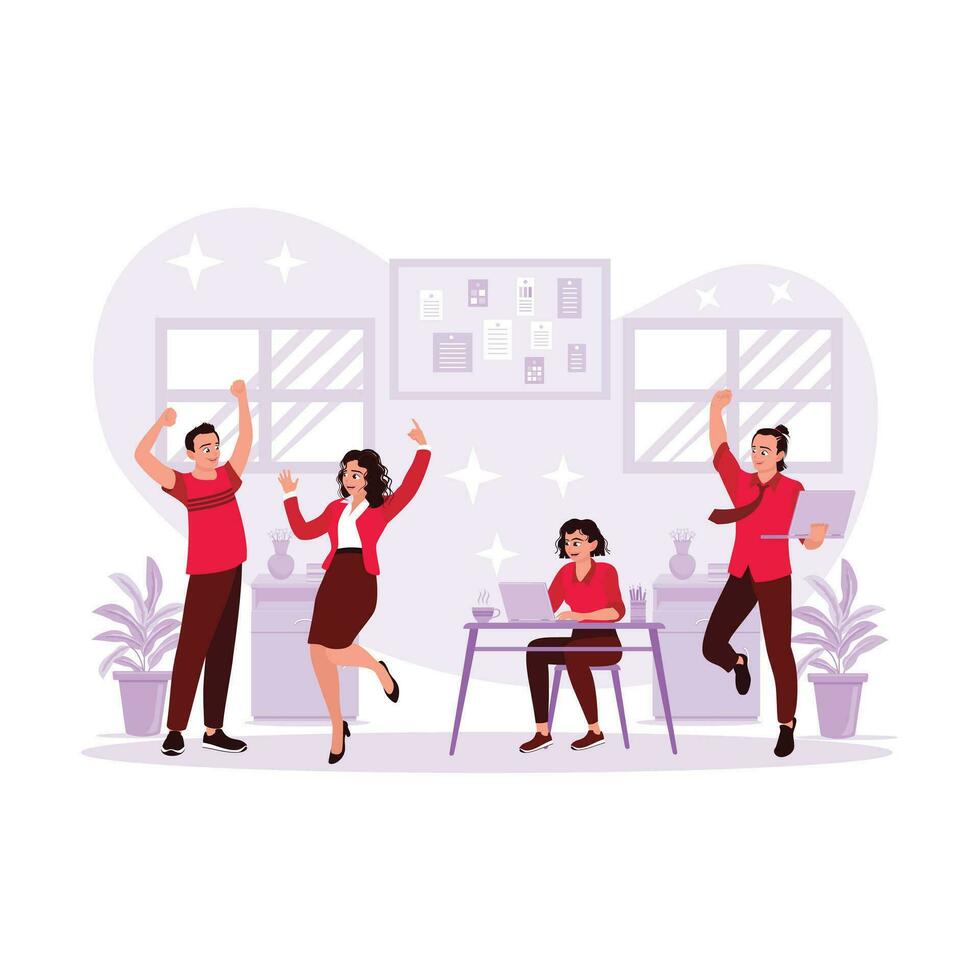 The creative business team celebrates successful project success in the office. Concept of teamwork, communication and collaboration. Trend Modern vector flat illustration.