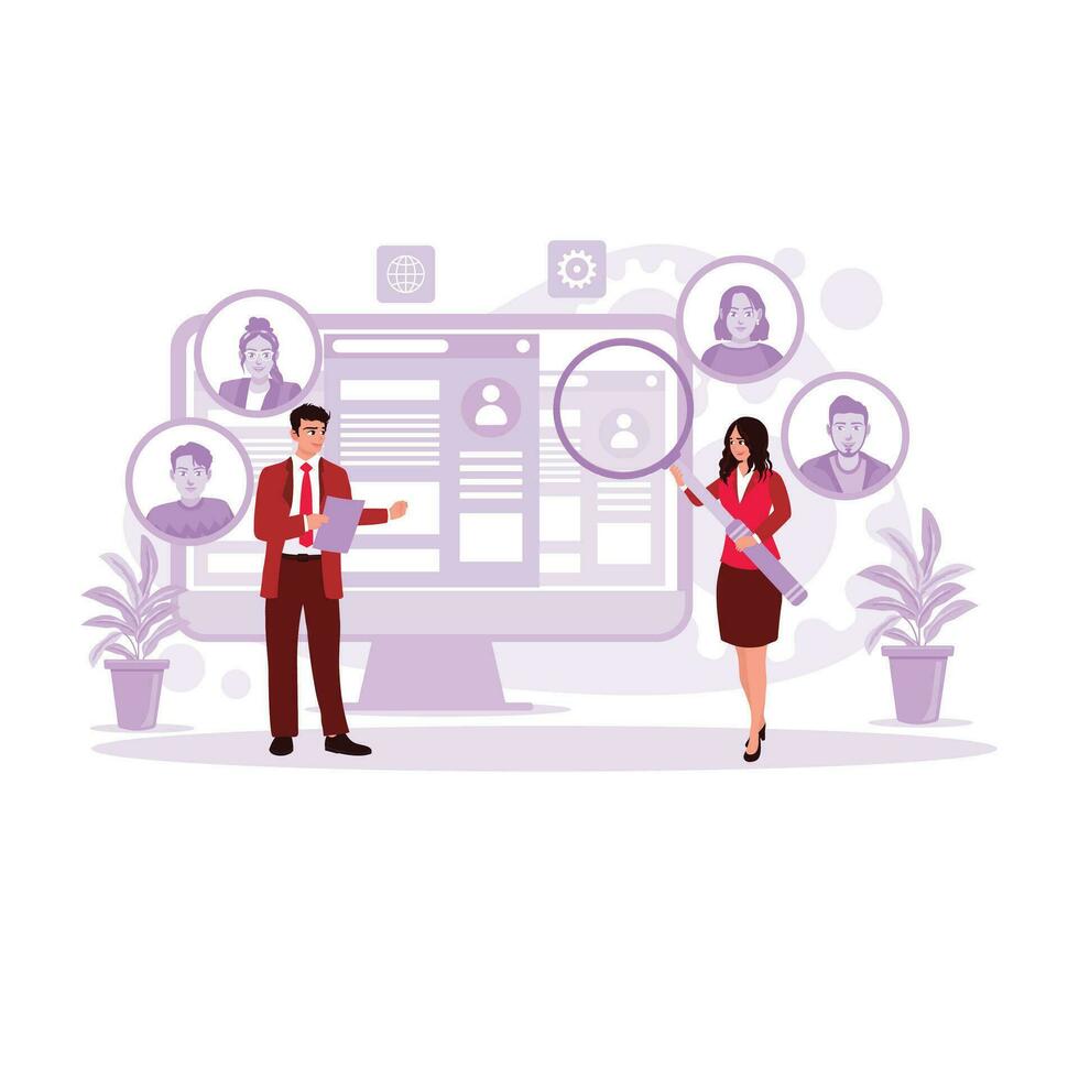 Two human resources seek and record people who are suitable for job positions. Concept of recruitment and employee selection. Trend Modern vector flat illustration.